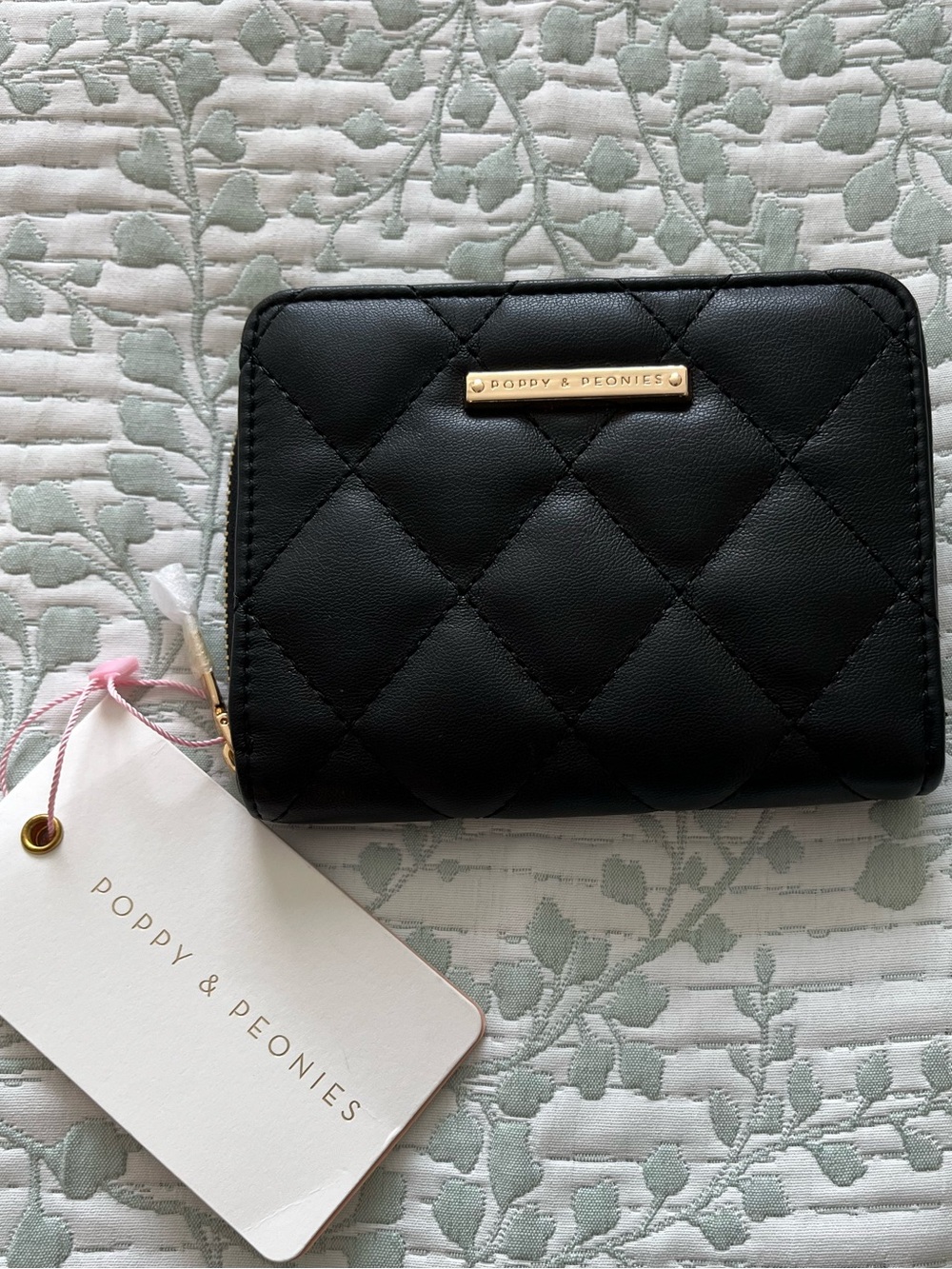 Poppy & Peonies Black Quilted Zip-Around Wallet with Gold Logo NWT